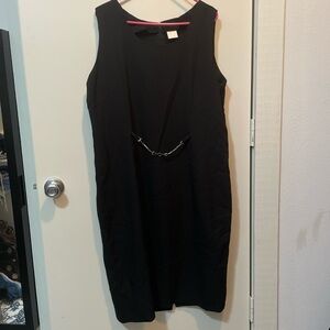 Black midi dress with chain belt and small slit in back